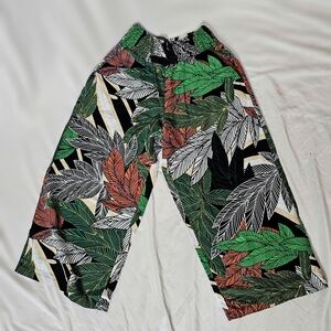 Tahari Crop Pants WideLeg Linen Blend Pullon Elastic Waist Tropical Sz M Pockets